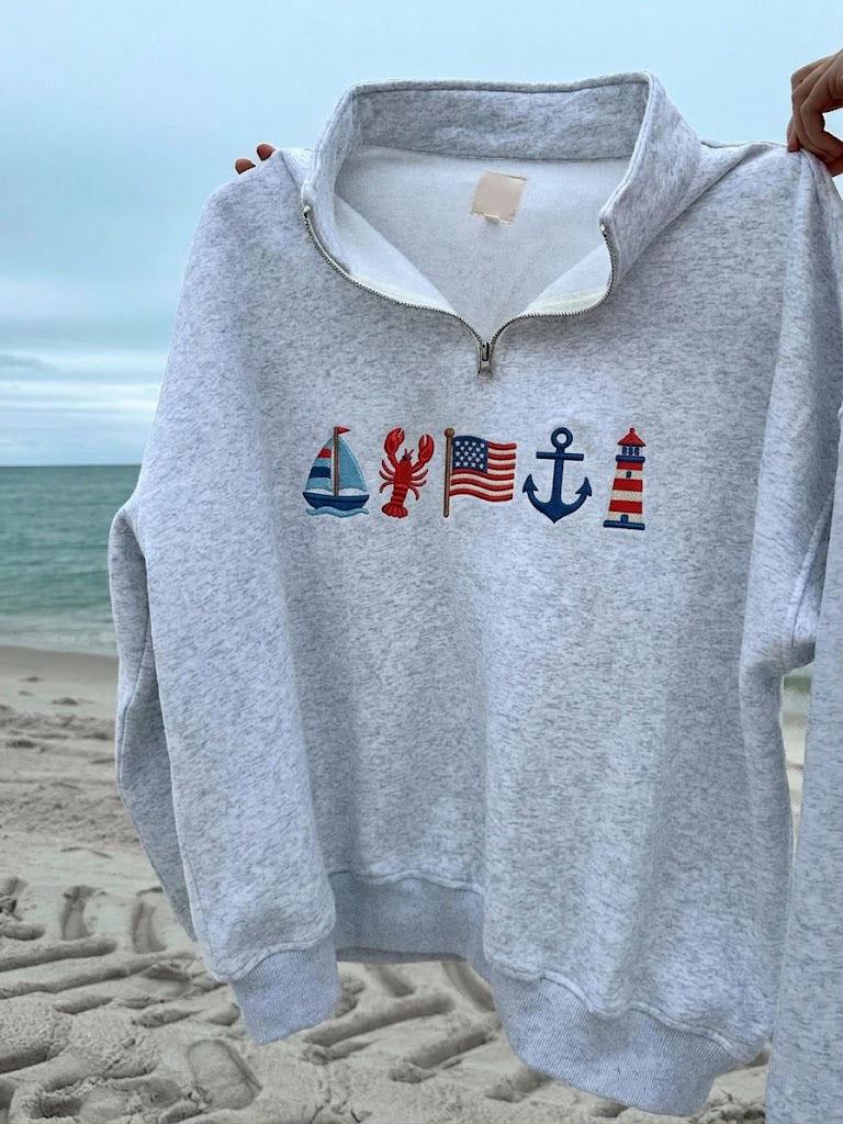 East Coast Embroidered Quarter Zip Sweatshirt, Coastal Pullover, Beach Sweatshirt Gift For Her