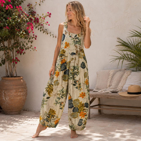 Women’s Floral Jumpsuit, Wide Leg Overalls, Sleeveless Loose Fit Jumpsuit with Pockets, Summer Holiday Outfit, Boho Jumpsuit