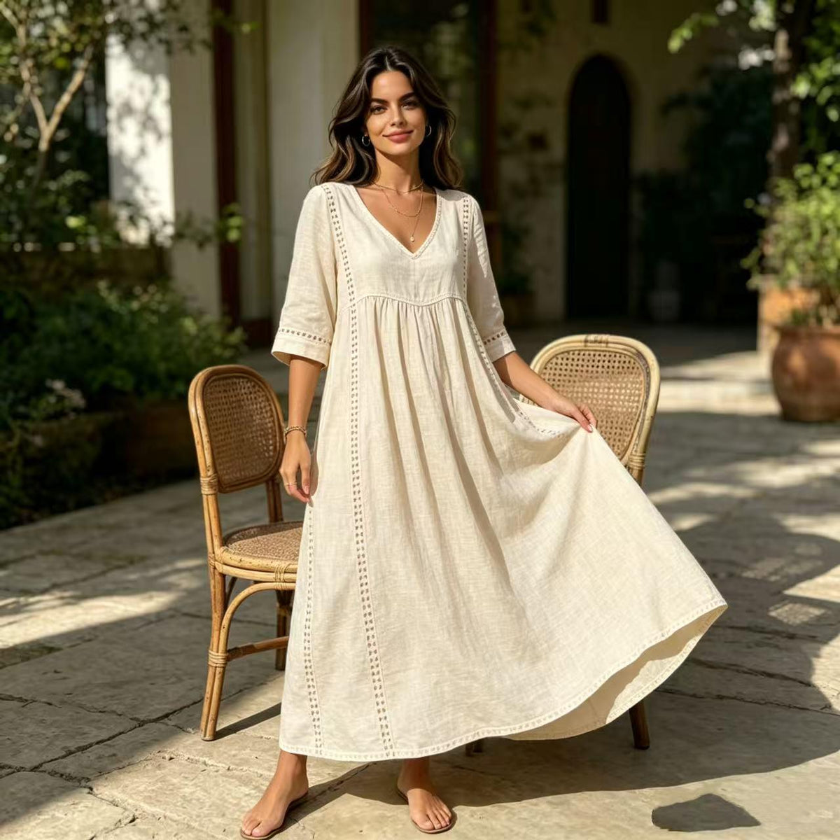 cotton Linen V-Neck Maxi Dress | Flowy Boho Casual Wear, Loose Fit Summer Dress