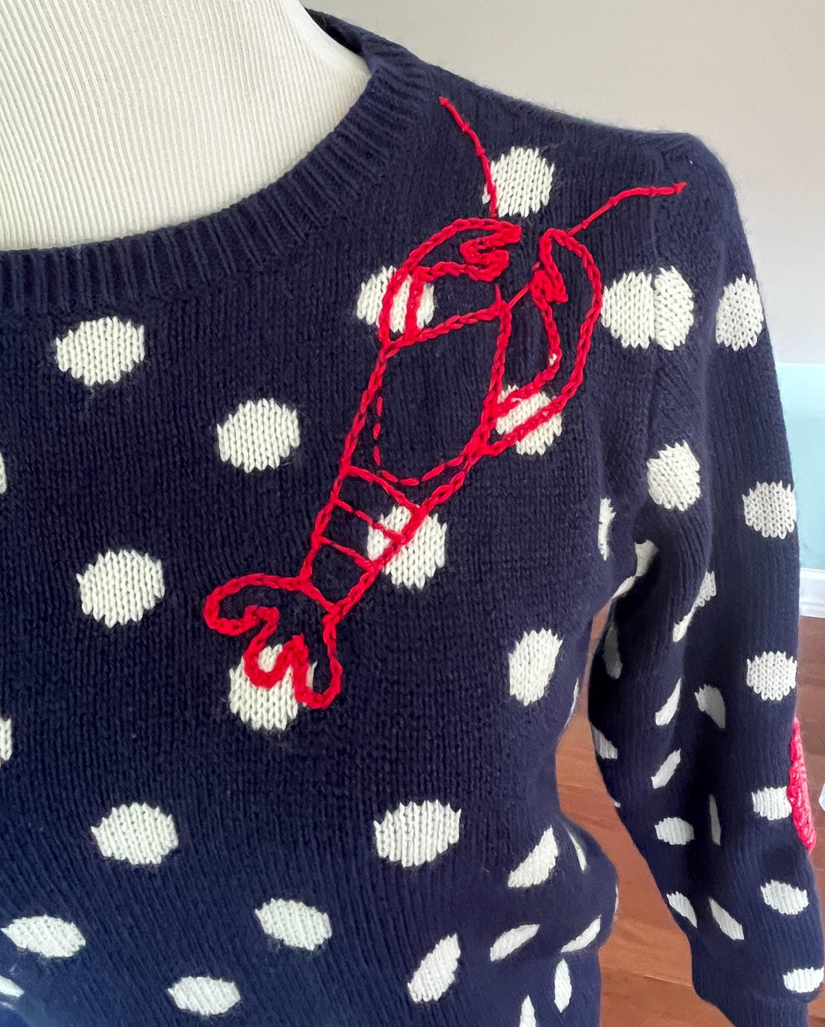 Lobster Upcycled Navy polka dot  Sweater