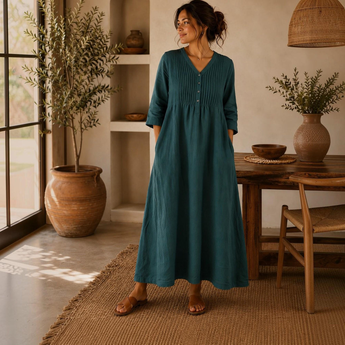 Flowy Linen Dress Women Everyday Casual Hemp Dress Loose A Line V Neck Pintuck Feminine Linen Plus Size