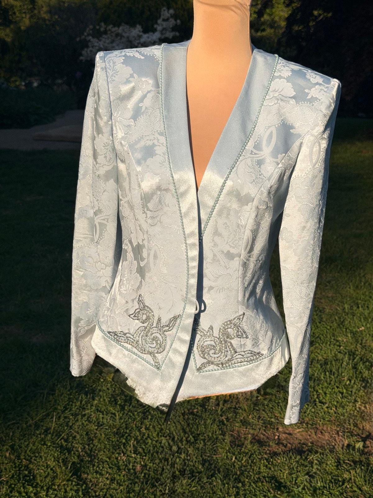 Vintage Ice Blue Beaded Jacquard Blazer Pearl Closure Formal Evening Jacket 80s 90s Satin Shimmer Coat Petite Chic