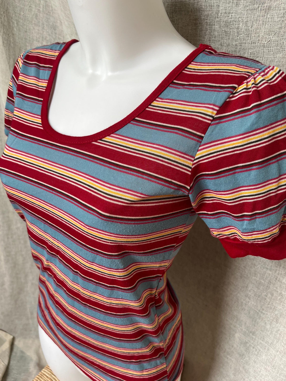 Vintage 70s Fitted Striped Tee, Puff Short Sleeves, Size XS/Small