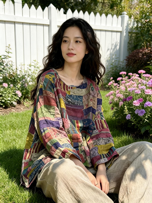 Women’s Patchwork Blouse, Boho Oversized Shirt, Vintage Inspired Top, Casual Loose Tunic, Artistic Everyday Blouse, Cottagecore Fashion