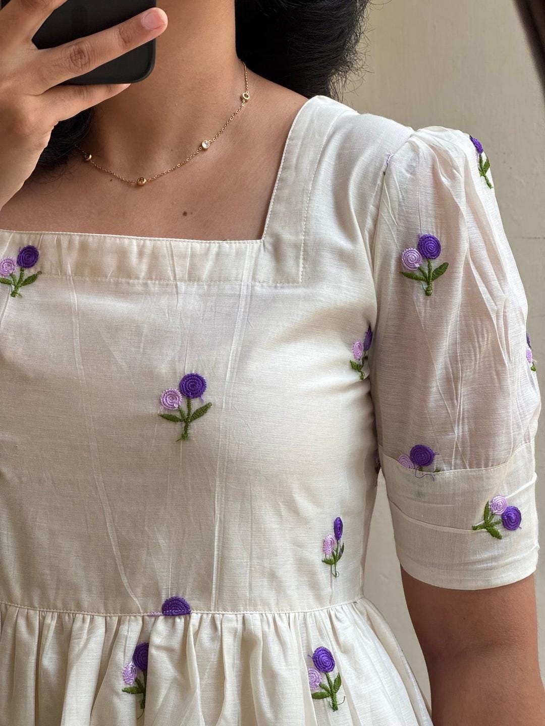 White Cotton Midi Dress, Purple Floral Embroidery, Short Sleeve Tiered Skirt, Vintage Summer Outfit