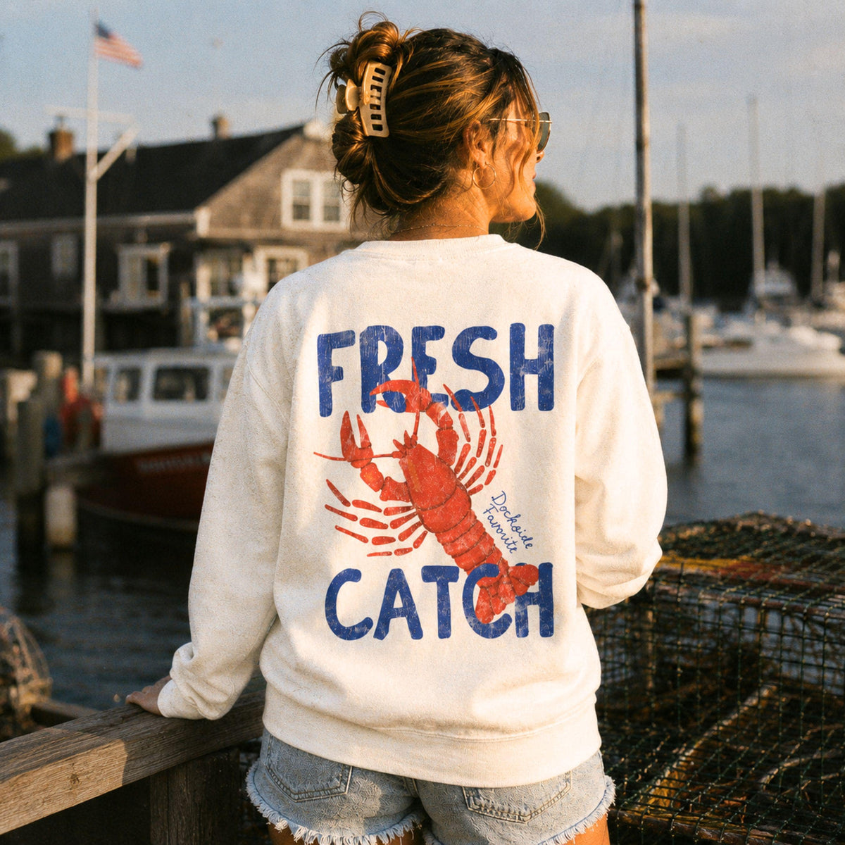 Fresh Catch Lobster Sweater Fisherman Aesthetic Sweatshirt Distressed East Coast New England Gift Coastal Granddaughter Plus Sizing
