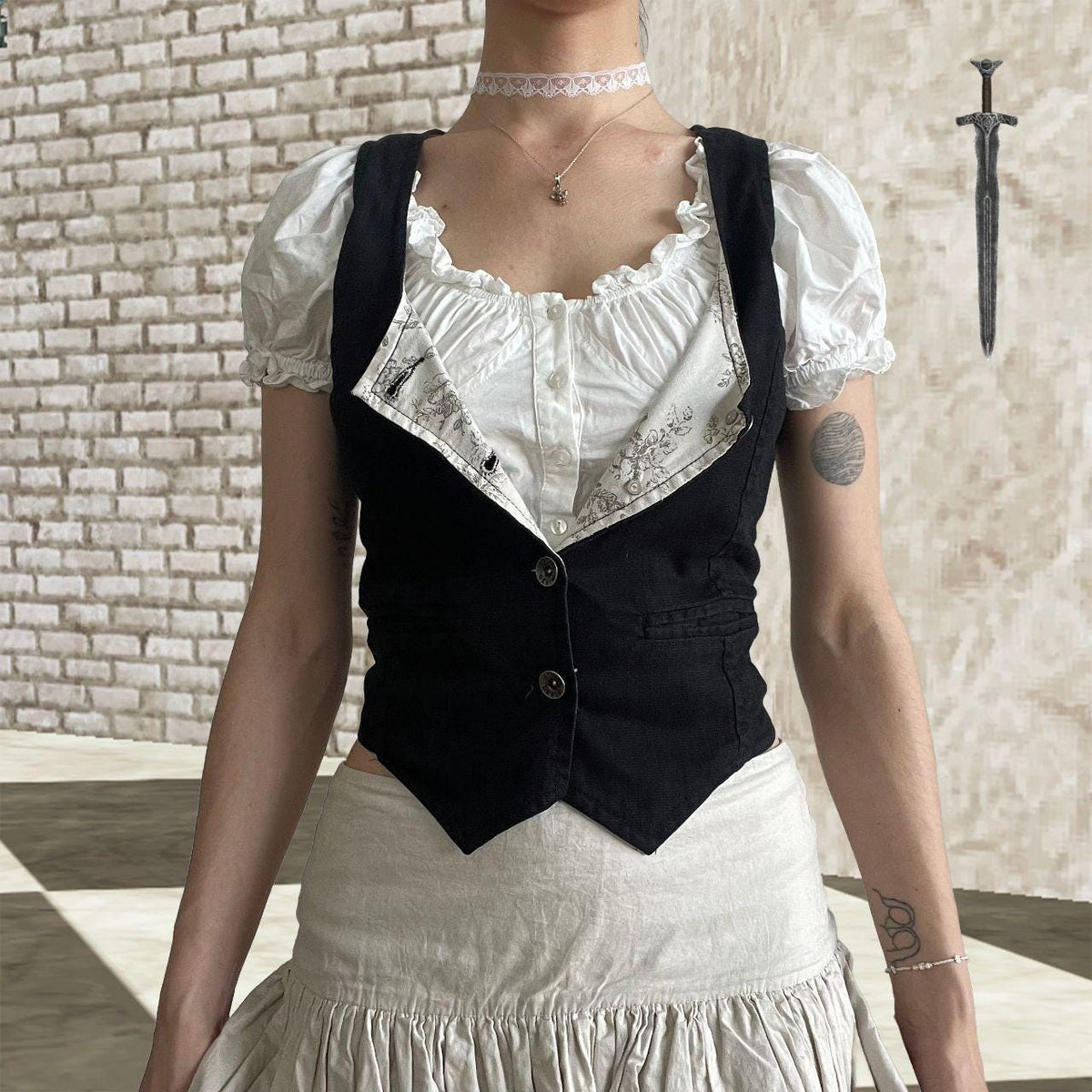 White Medieval Puff Sleeve Blouse | Cropped Milkmaid Blouse - S