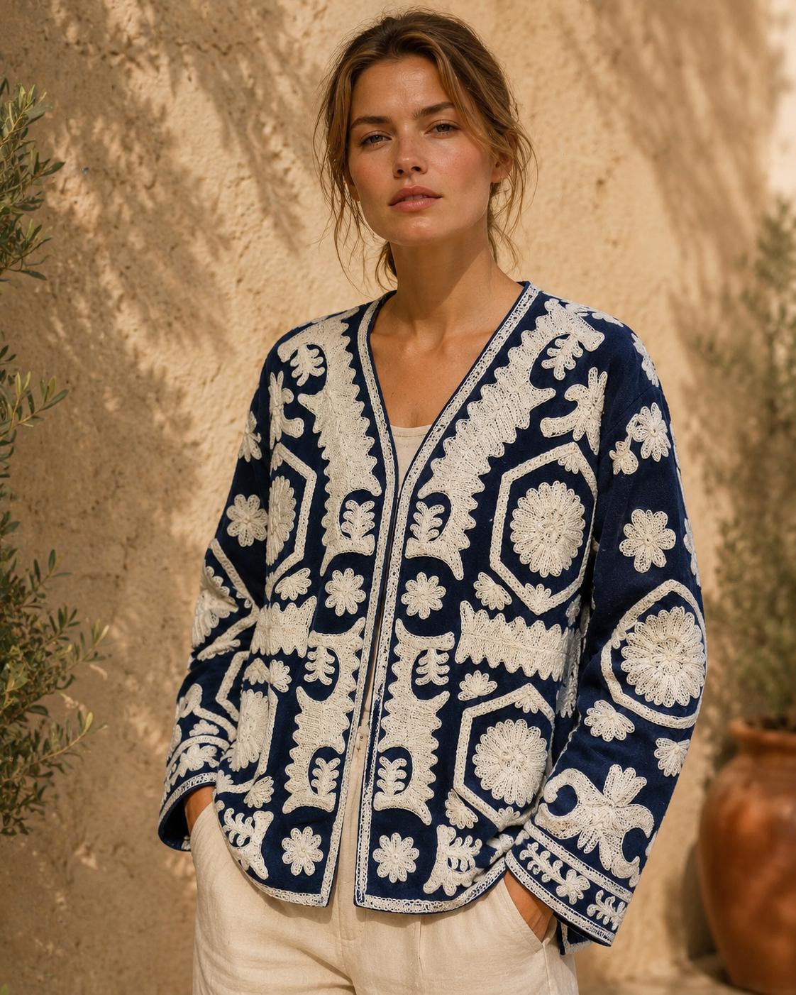 Boho Embroidered Blue Jacket, Women's Folk Art Jacket, Handmade Cotton Coat, Cottagecore Clothing, Statement Outerwear
