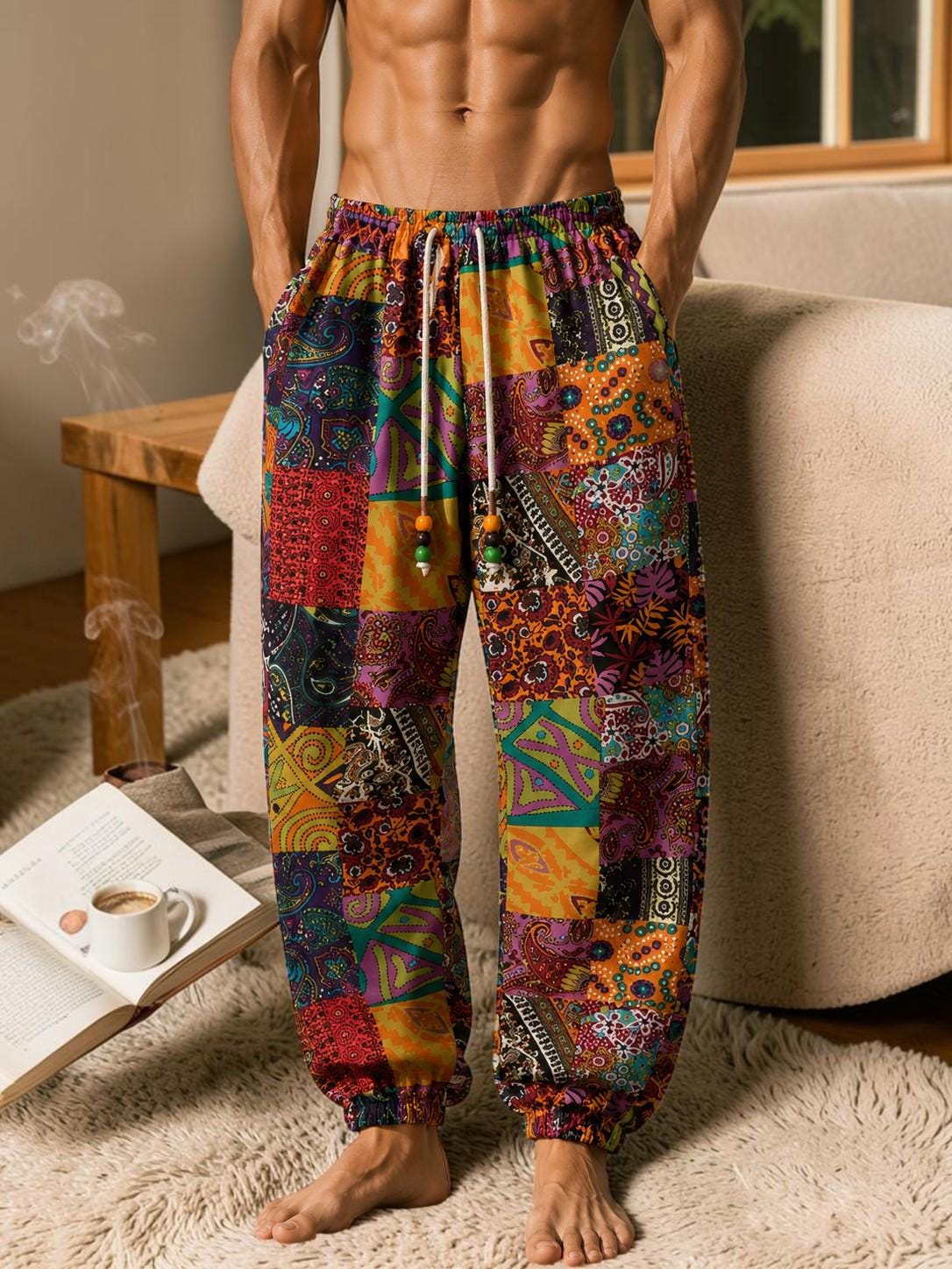 Men's Bohemian Harem Pants Comfortable Drawstring Waist Casual Streetwear Joggers Style