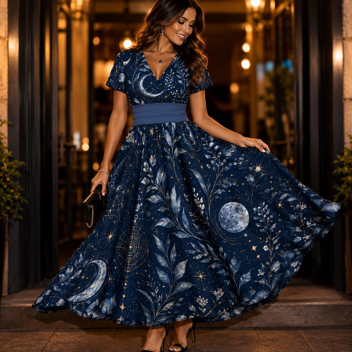 Celestial Moon Midi Dress | Navy Astrology Galaxy V-Neck Cottagecore Apparel