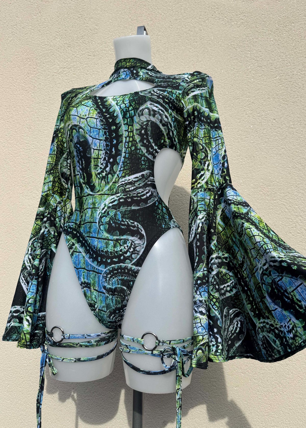 Green Snakeskin Bell Sleeve Cut Out Festival Bodysuit One Piece - Women’s Rave Outfit