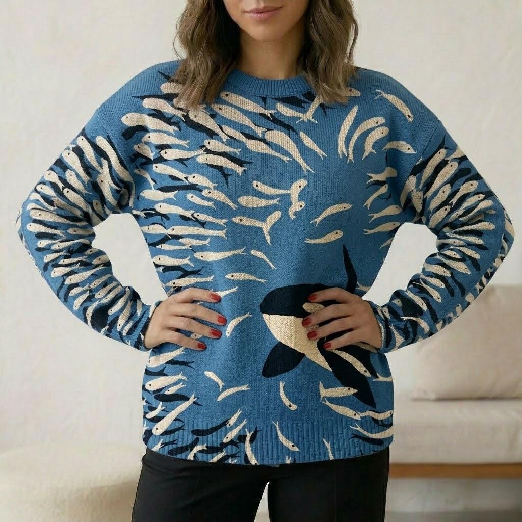 Embroidered Knit Pullover, Ocean Theme, Whale and Fish Motif Sweater