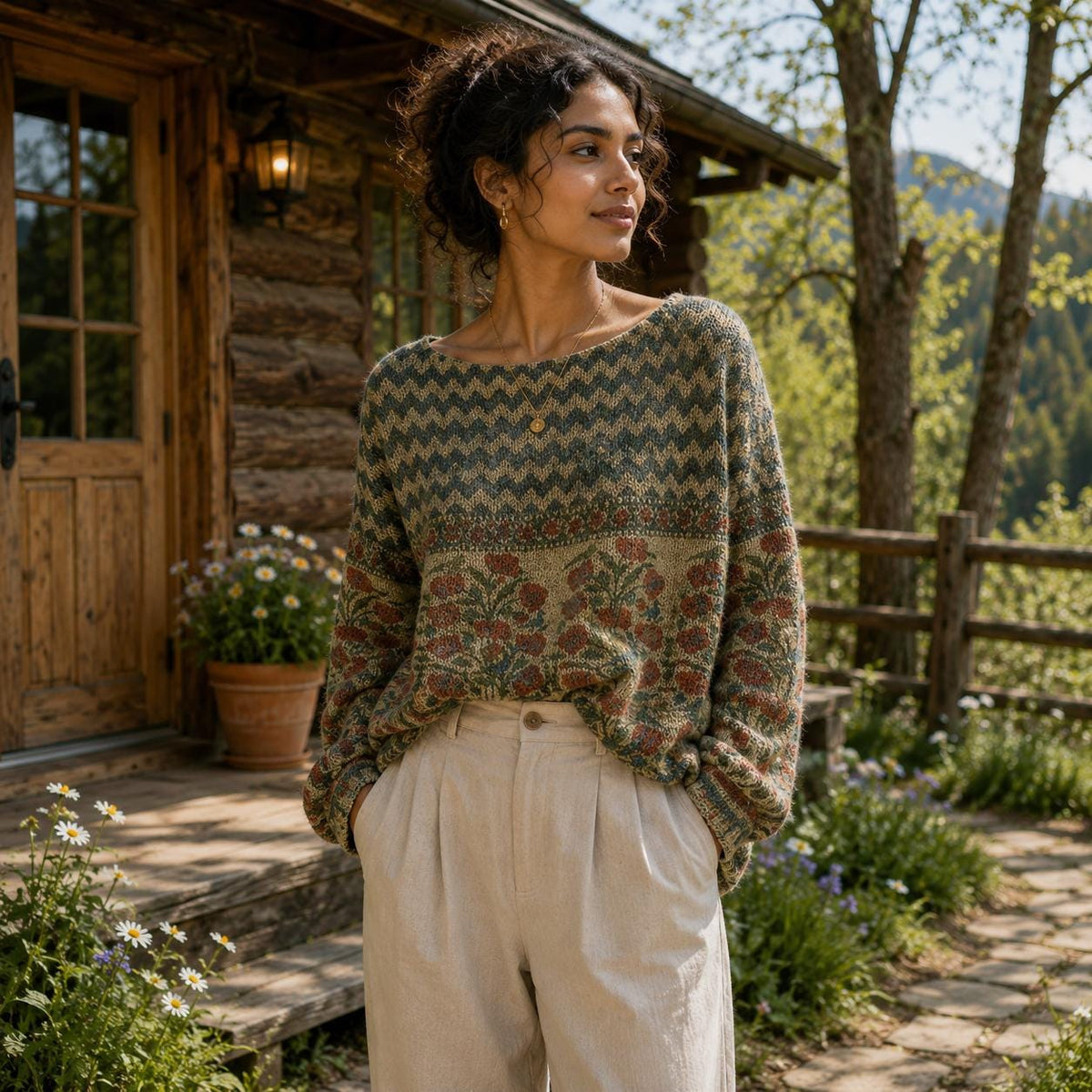 Boho Floral Knit Jumper | Vintage Sweater | Loose Fit Knit Top | Women's Autumn Winter Knitwear