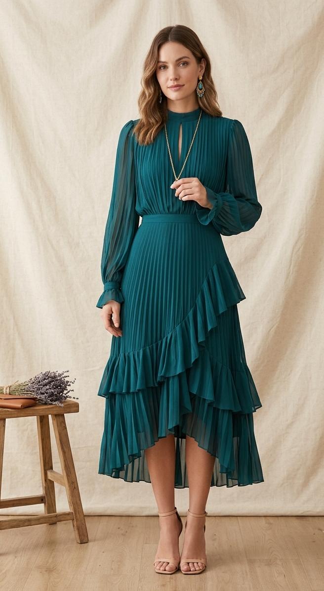 High Waist Pleated Midi Dress, Ruffle Hem Cocktail, Elegant Summer Outfit