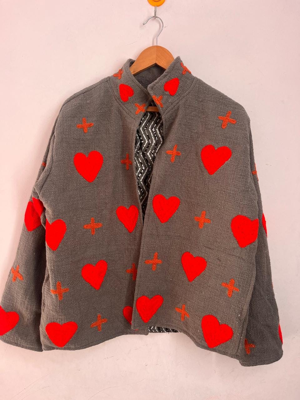 Handmade Grey Heart Embroidered Jacket | Boho Folk Art Wool Coat | Women's Artisan Outerwear