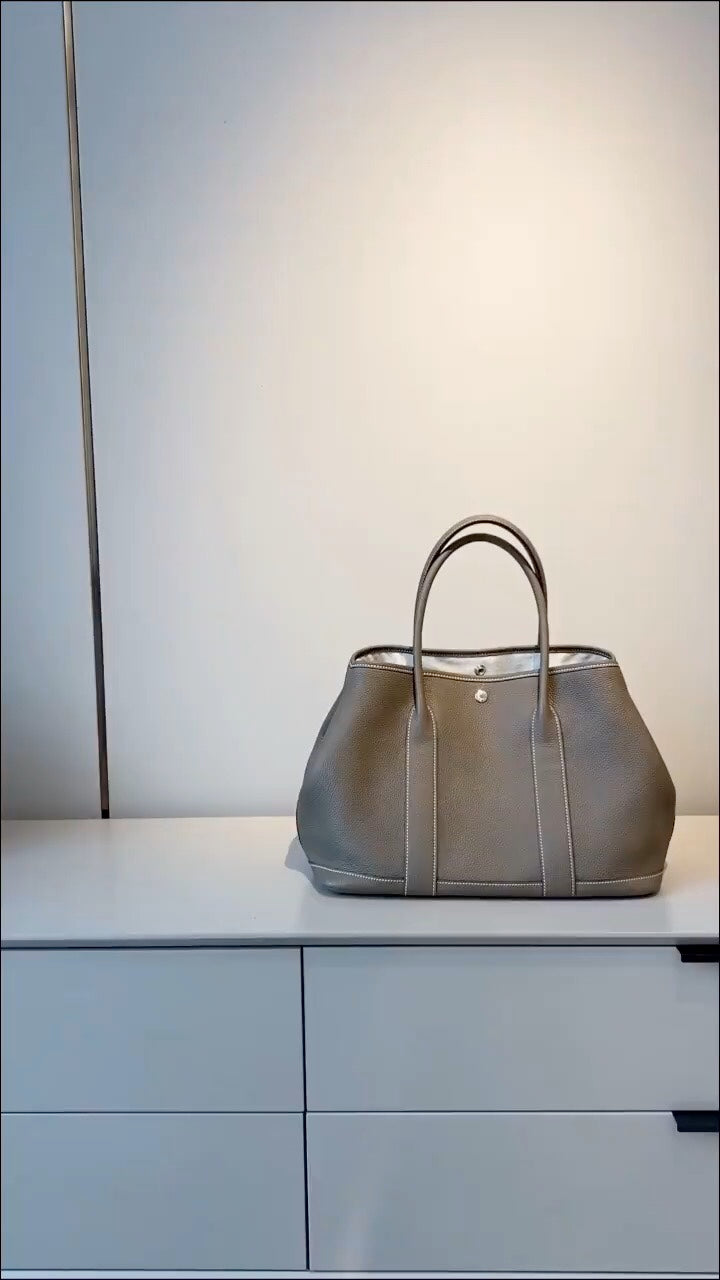Taupe Leather Structured Tote Bag with Top Handles