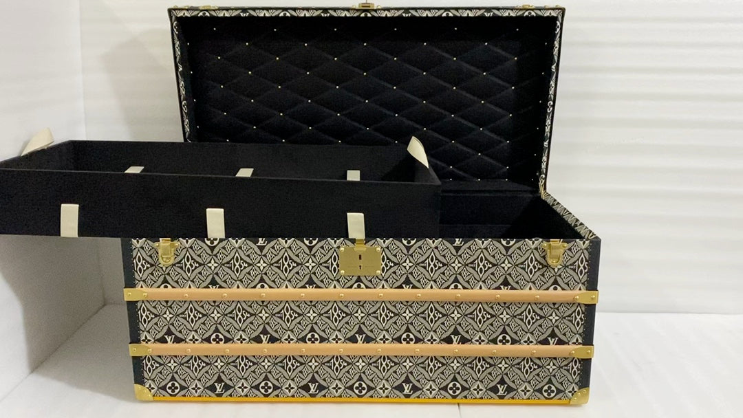 Vintage Geometric Pattern Storage Trunk with Quilted Interior