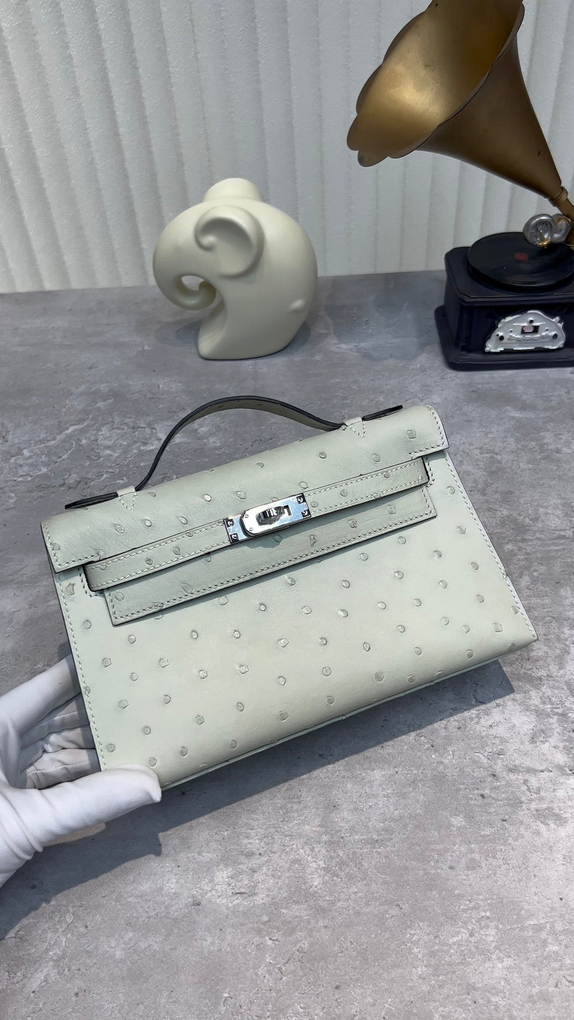 Premium Ostrich Leather Kelly Cut Style Clutch - Elegant Light Grey Handbag