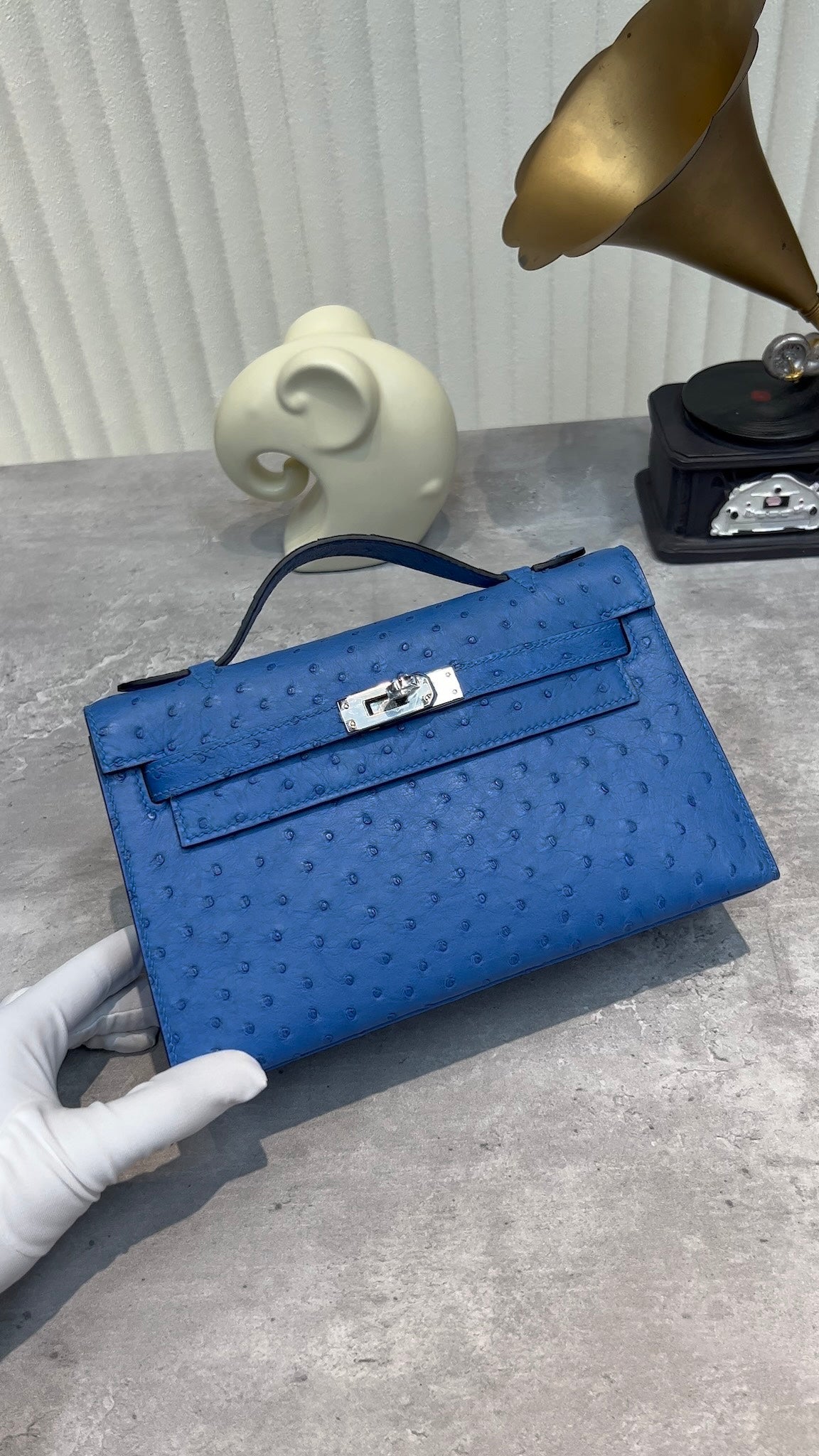 Luxury Blue Ostrich Leather Clutch Bag with Silver Hardware - Top Handle Evening Bag
