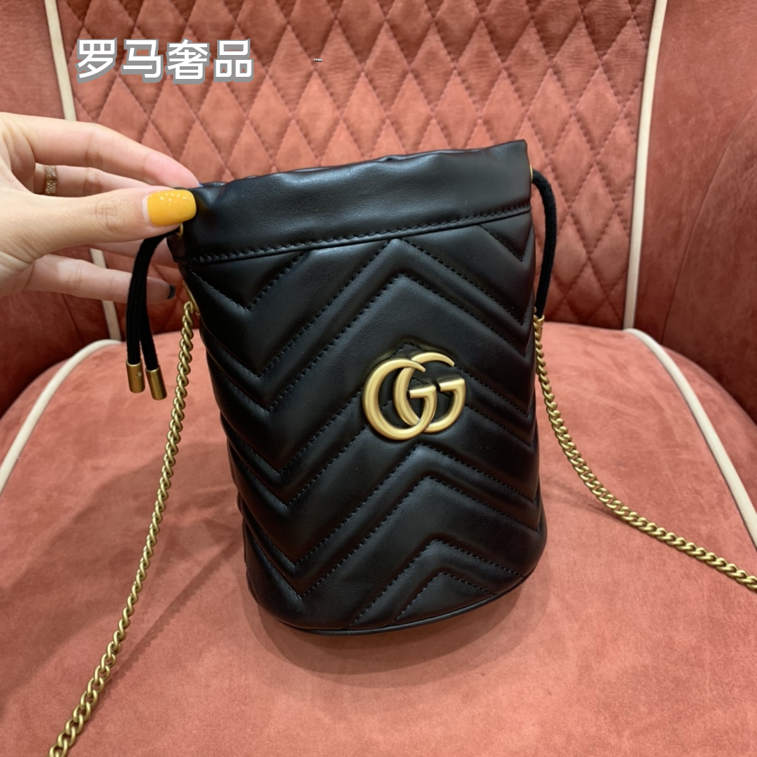 Gucci Luxury Black Chevron Quilted Leather Drawstring Bucket Crossbody Bag