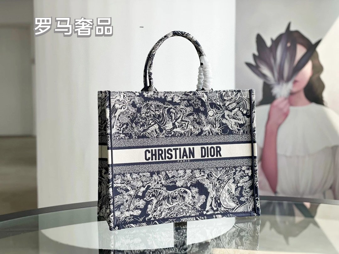 Dior Book Tote Bag Blue Toile de Jouy Embroidery