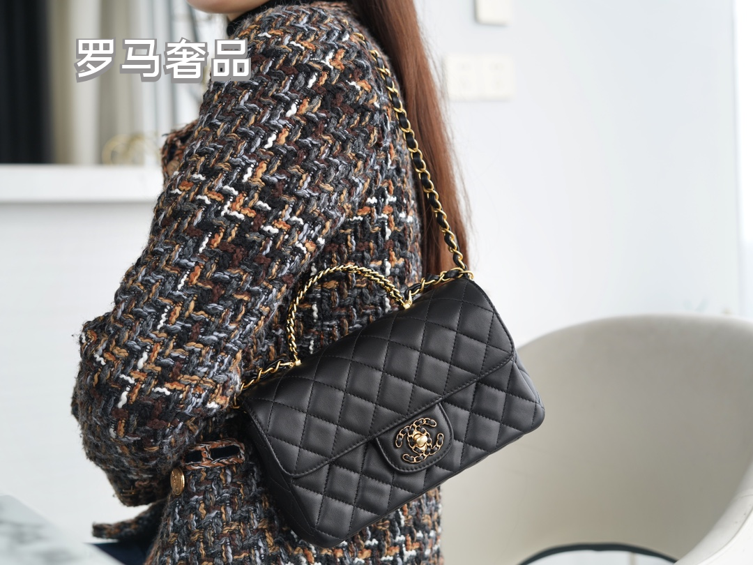 Women's Classic Quilted Black Flap Handbag with Gold-Tone Chain Details