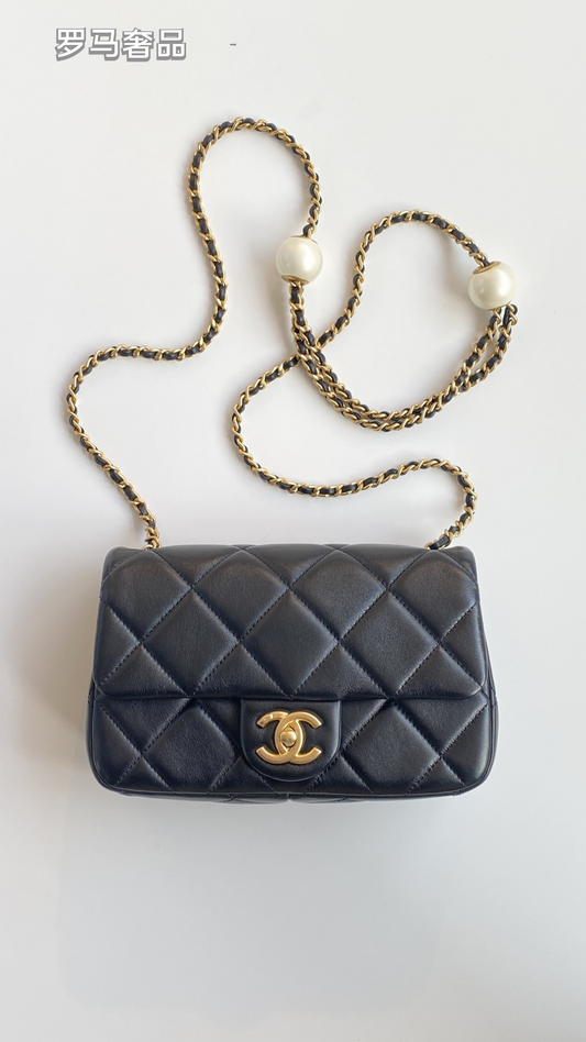 Chanel Quilted Lambskin Mini Flap Bag with Pearl Crush Chain - Black Gold Hardware