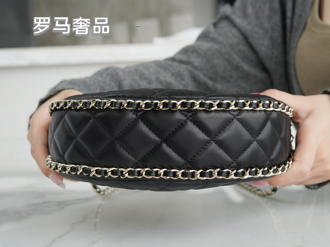 Luxury Black Quilted Leather Mini Hobo Bag with Gold-Tone Chain Strap