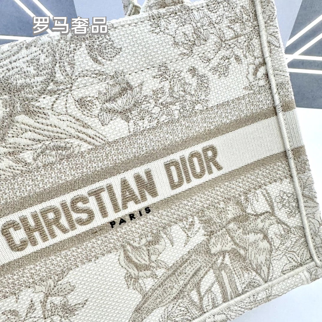 Christian Dior Book Tote Toile de Jouy Canvas Bag - Large Beige/Grey