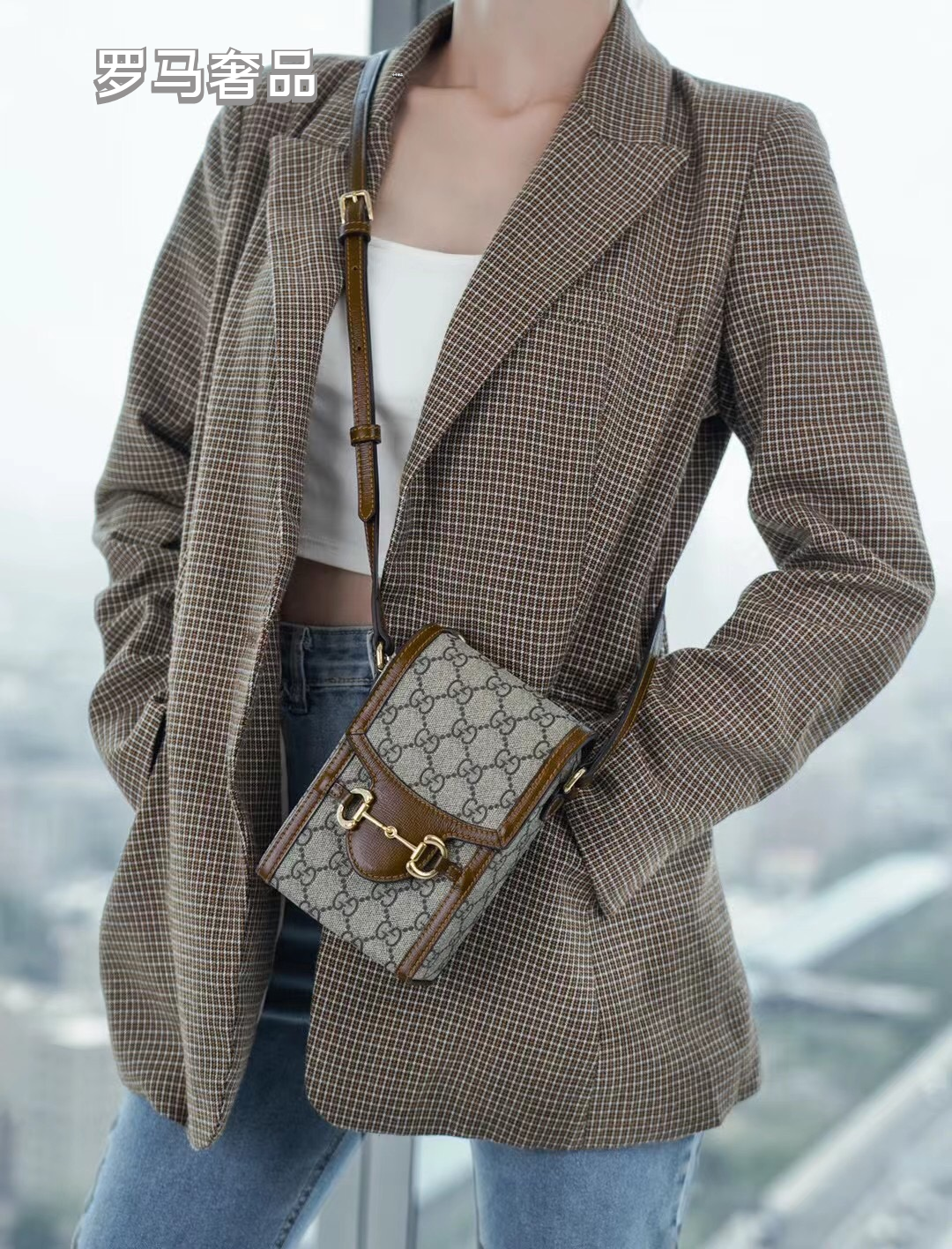 Gucci Horsebit 1955 Mini Bag in GG Supreme Canvas with Brown Leather Trim