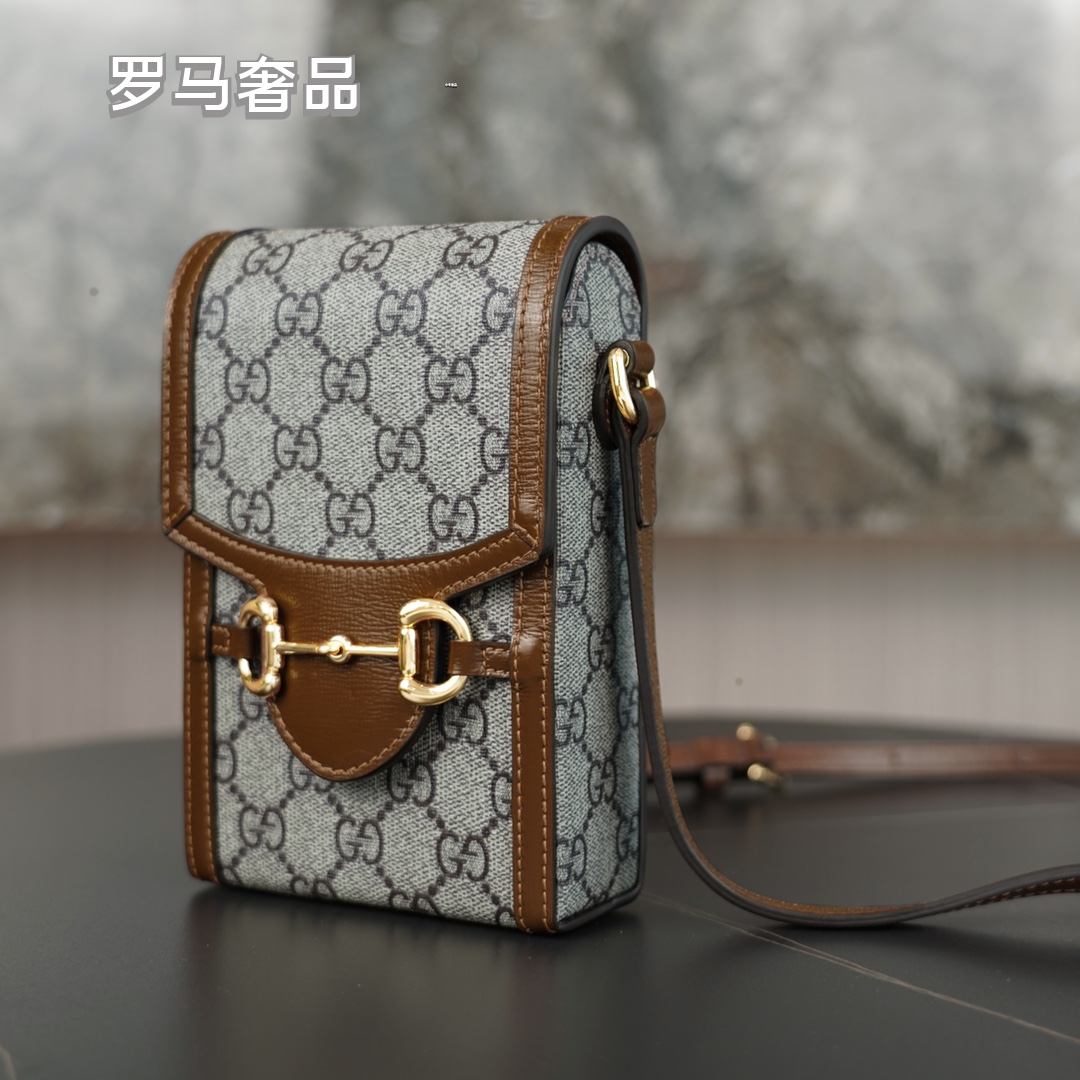 Gucci Horsebit 1955 Mini Bag in GG Supreme Canvas with Brown Leather Trim