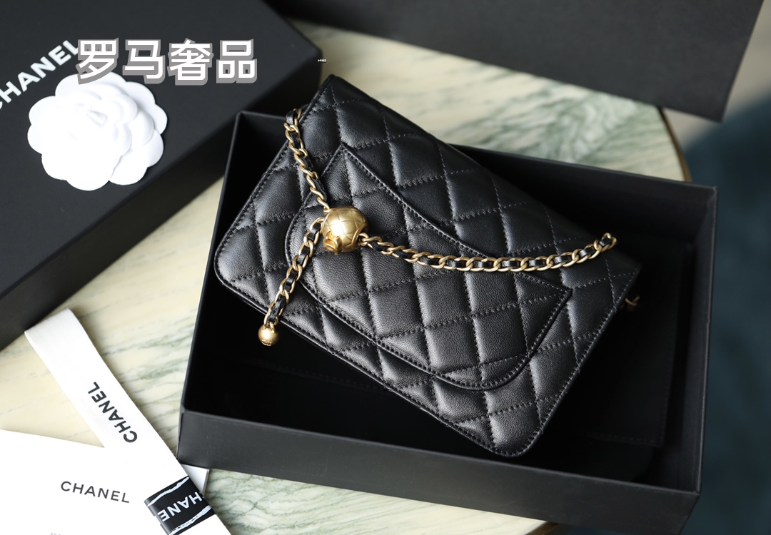Chanel Quilted Lambskin Pearl Crush Wallet on Chain (WOC) - Black