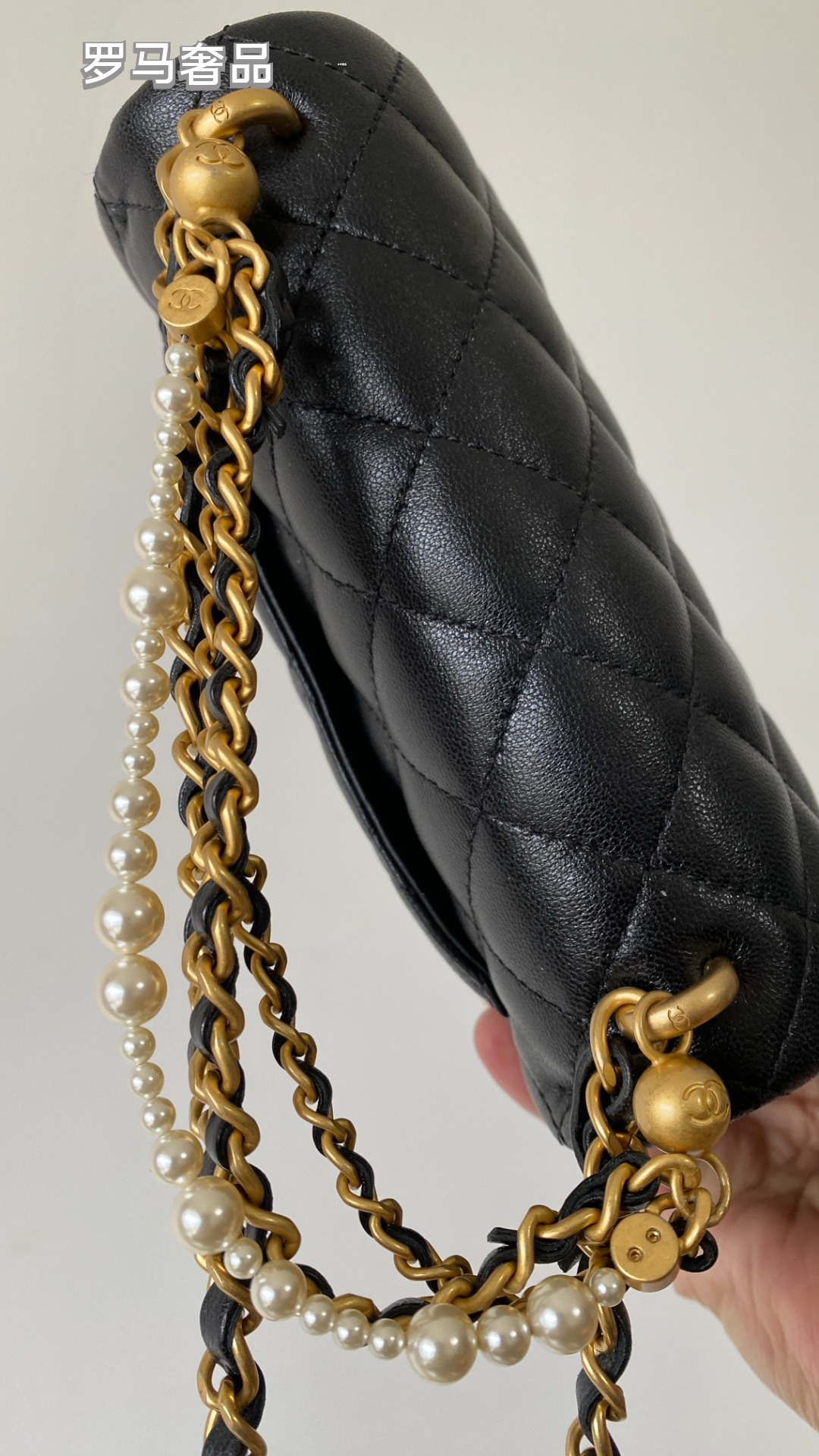 Chanel Quilted Mini Flap Bag with Pearl and Chain Strap, Black Lambskin