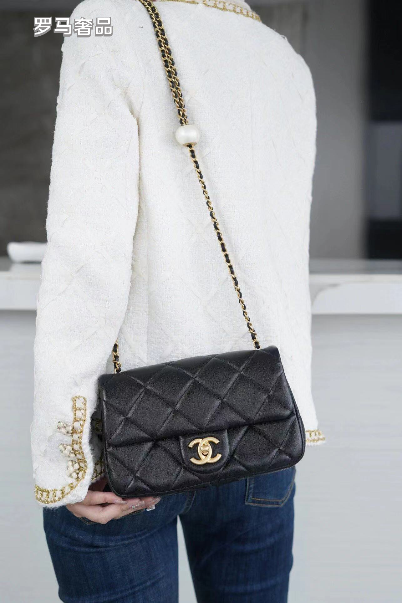 Chanel Quilted Lambskin Mini Flap Bag with Pearl Crush Chain - Black Gold Hardware