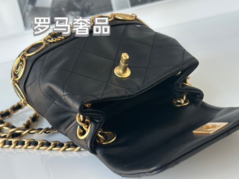 Chanel Vintage Mini Quilted Leather Backpack with Medallion Charm Chain Detail - Black/Gold