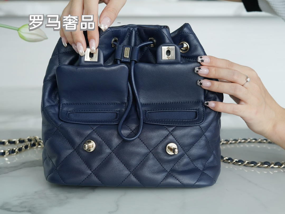 Chanel Navy Quilted Lambskin Leather Backpack with Silver-Tone Hardware
