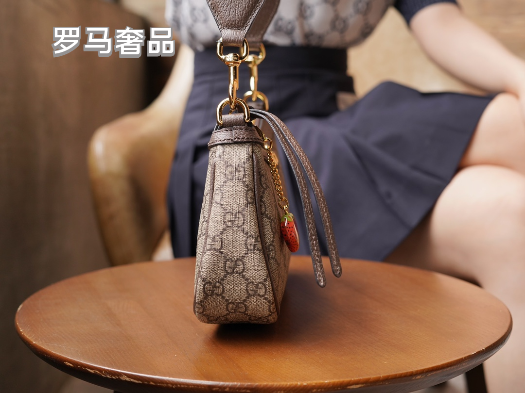 Women's Monogram Canvas Shoulder Bag with Web Strap and Strawberry Charm