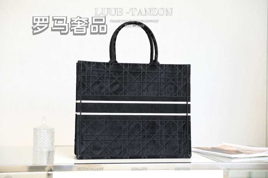 Dior Classic Black Embroidered Canvas Tote Bag with Double Top Handles