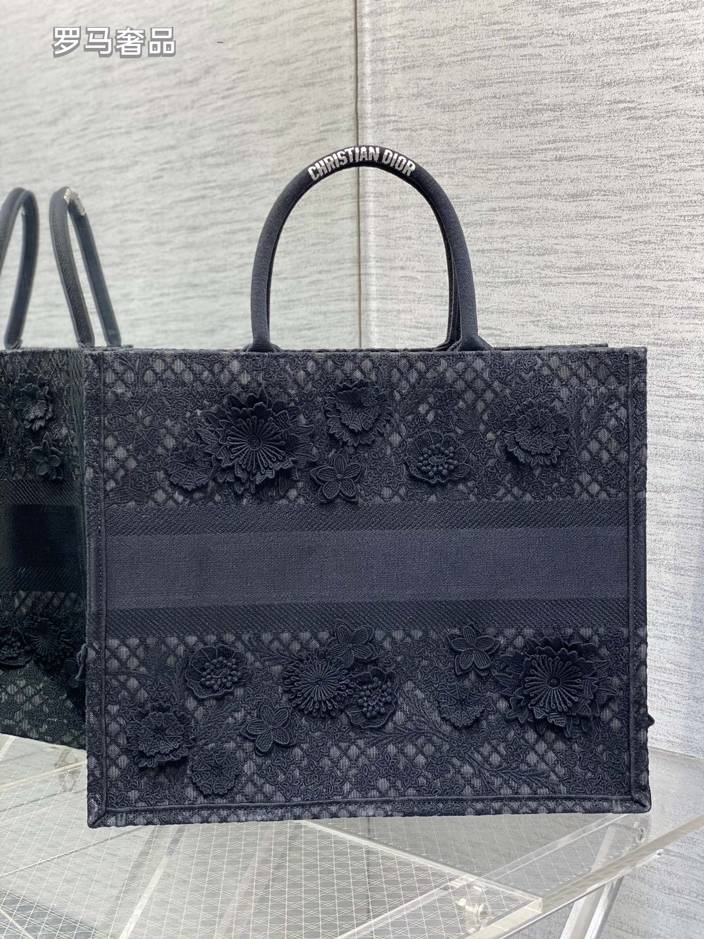 Dior Elegant White 3D Floral Lace Embroidered Canvas Tote Handbag
