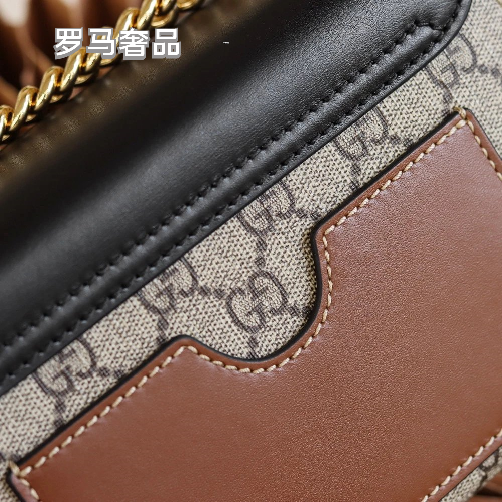 Gucci Vintage Monogram Canvas Crossbody Bag with Leather Flap and Gold Chain