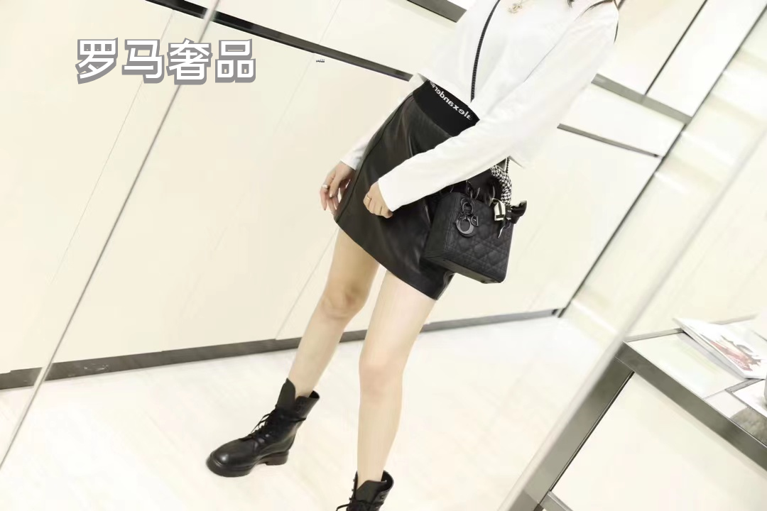 Dior Elegant Matte Black Quilted Leather Top Handle Handbag for Women
