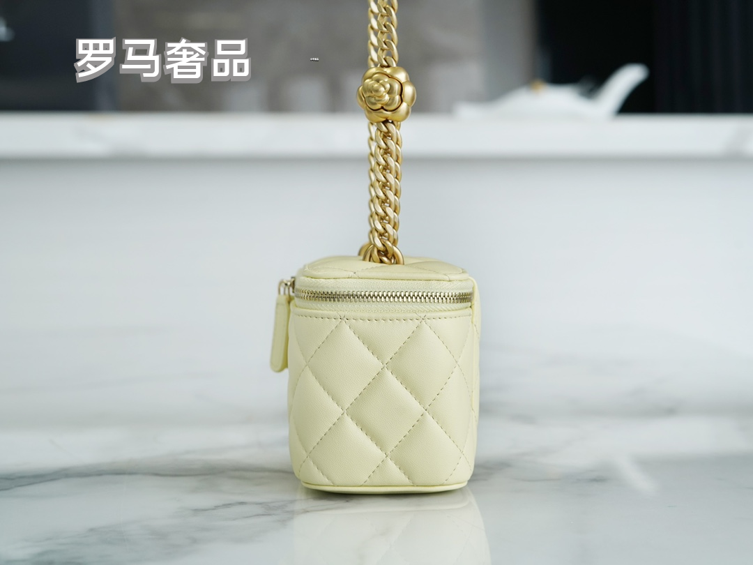 Small Quilted Vanity Bag with Gold Chain Strap - White Luxury Crossbody Case