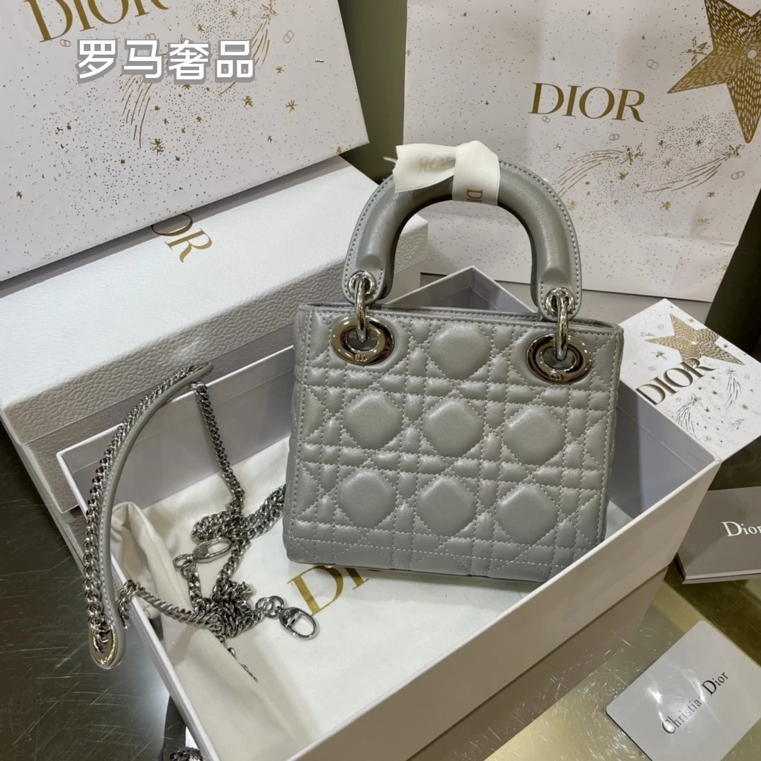 Dior Classic White Quilted Leather Mini Top Handle Bag with Silver Hardware