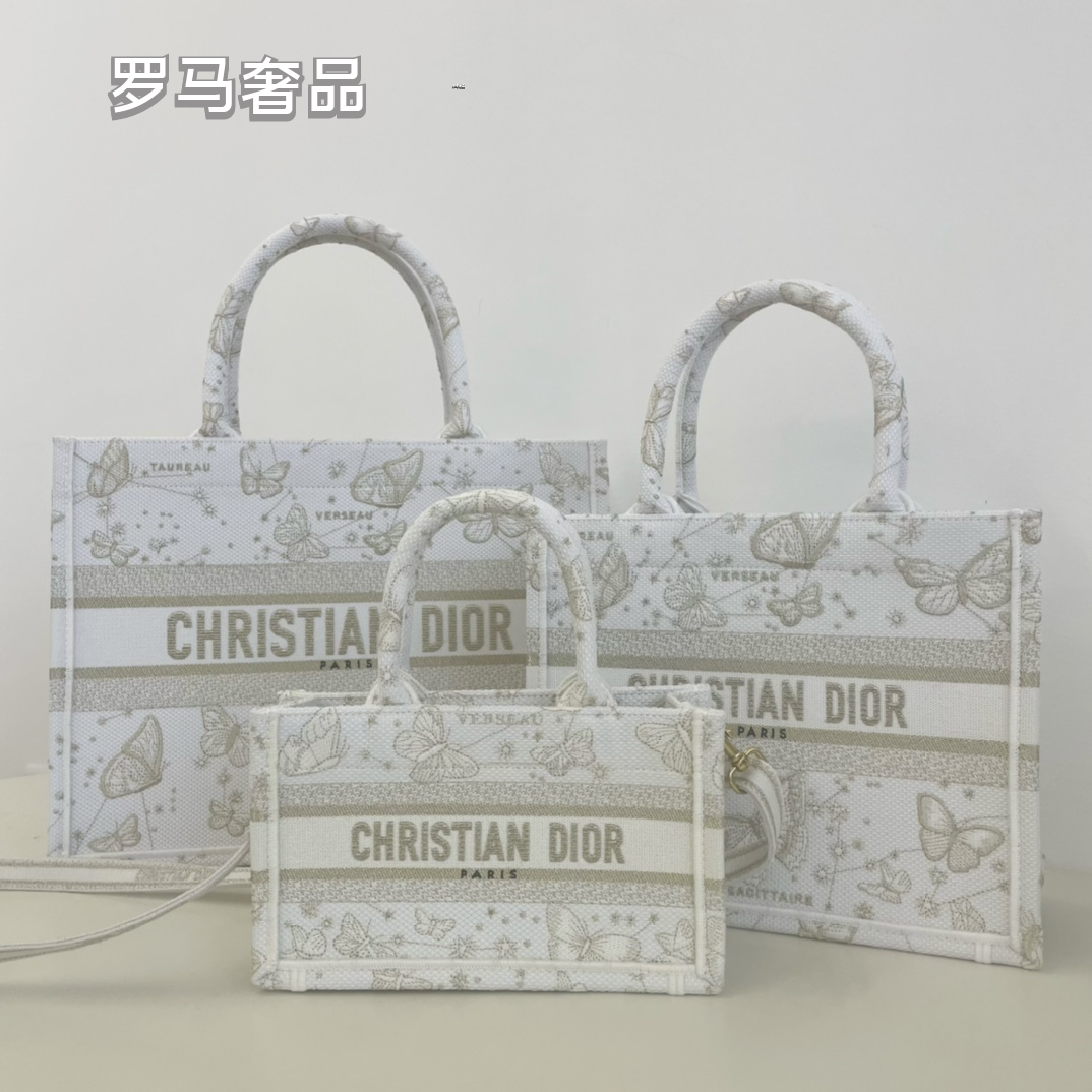 Christian Dior Book Tote Butterfly Embroidery Canvas Handbag