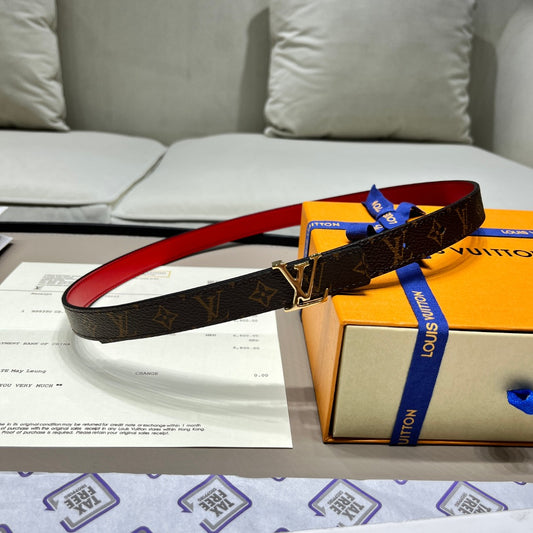 Louis Vuitton LV Monogram Canvas Reversible Belt with Gold Buckle - Brown and Red