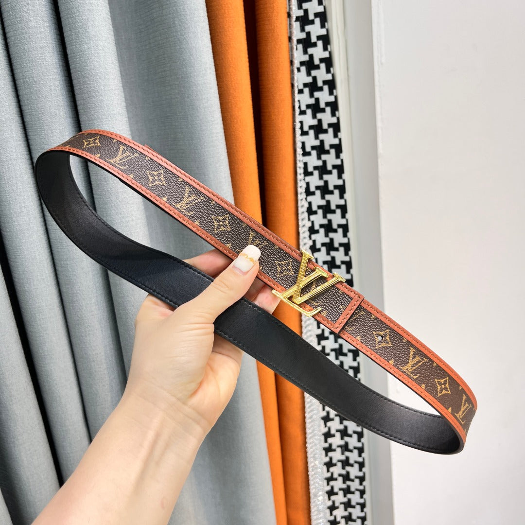 Louis Vuitton LV Initiales Monogram Canvas Belt with Gold Buckle Brown