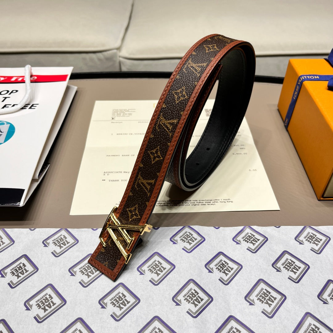Louis Vuitton LV Initiales Monogram Canvas Belt with Gold Buckle Brown