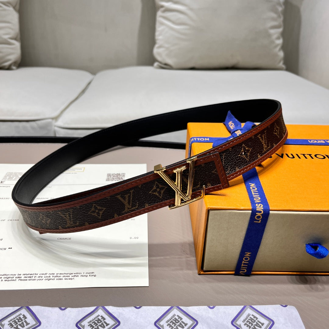 Louis Vuitton LV Initiales Monogram Canvas Belt with Gold Buckle Brown