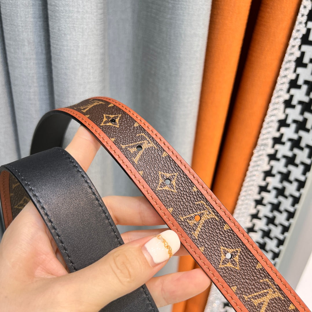 Louis Vuitton LV Initiales Monogram Canvas Belt with Gold Buckle Brown