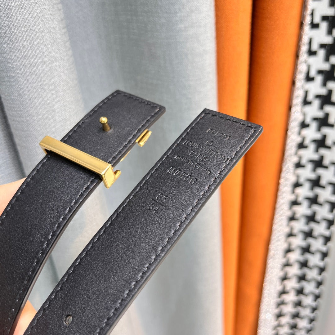 Louis Vuitton LV Initiales Monogram Canvas Belt with Gold Buckle Brown